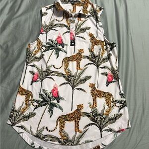 Bad Birdie Tropical Leopard Sleeveless Blouse - White, Green, Pink